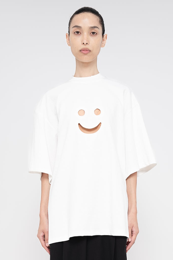 BLEACHED SMILY FACE PRINTED TEE 25SS Organic White T Shirt with 
