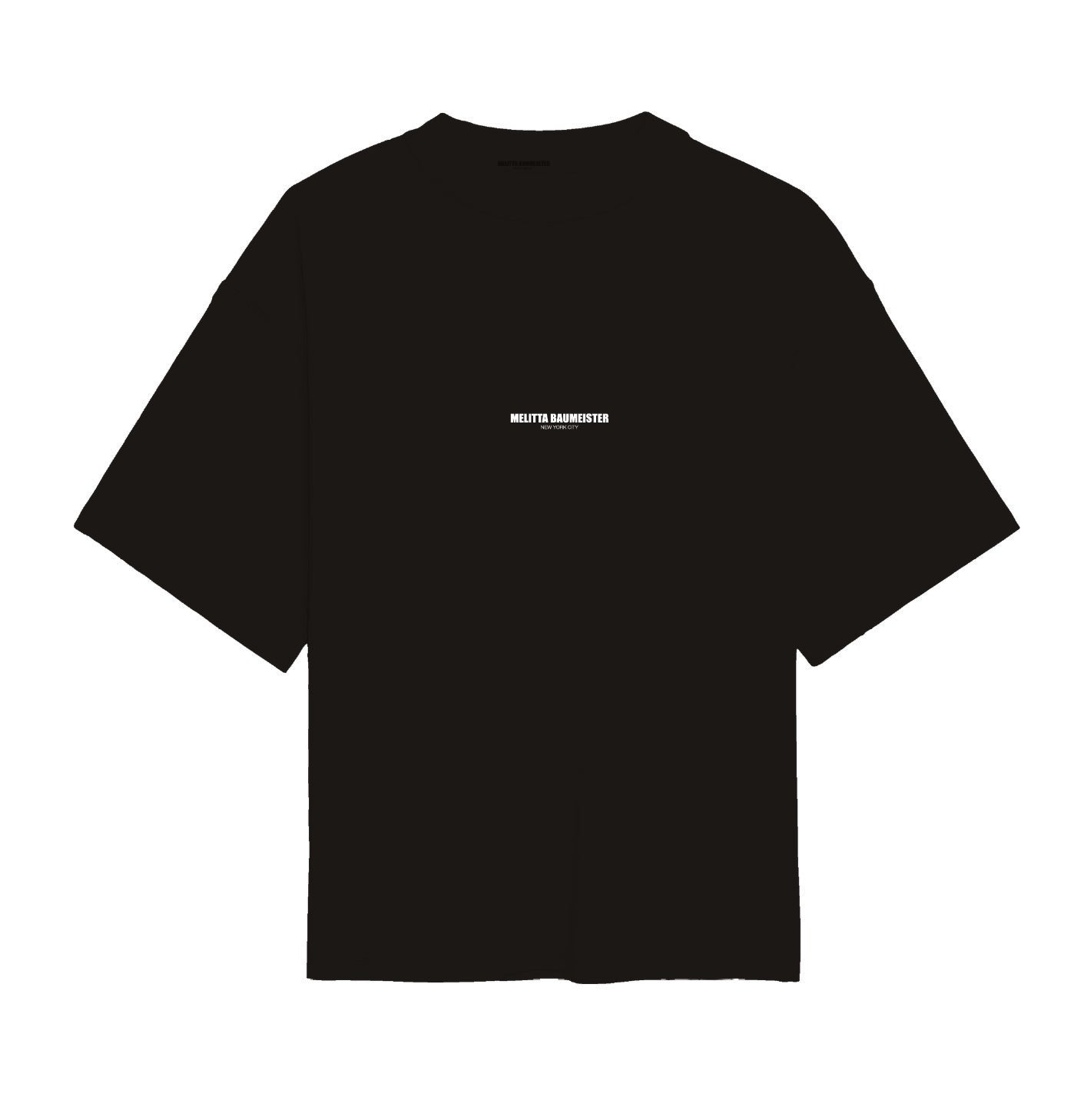 Black t-shirt with a small white logo on the chest against a white background