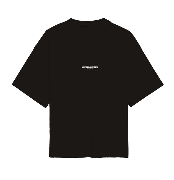 Black t-shirt with a small white logo on the chest against a white background