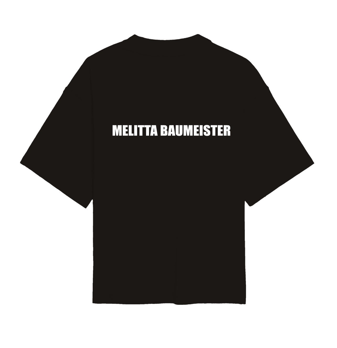 Black t-shirt with 'Melitta Baumeister' text on a white background