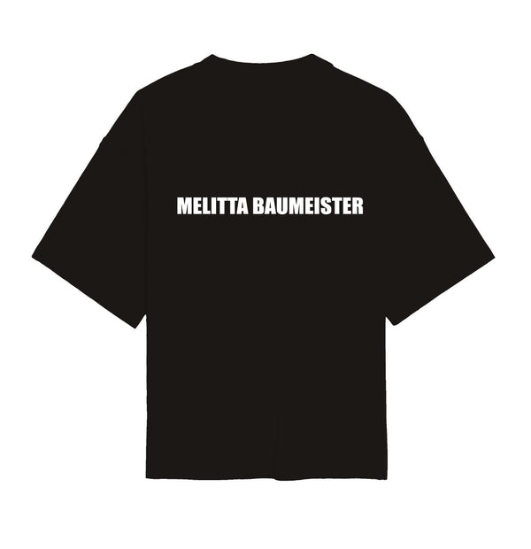 Black t-shirt with 'Melitta Baumeister' text on a white background
