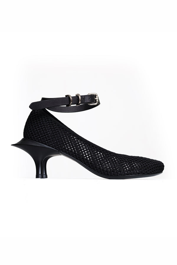 Black mesh heel with a double heel and ankle strap on a white background