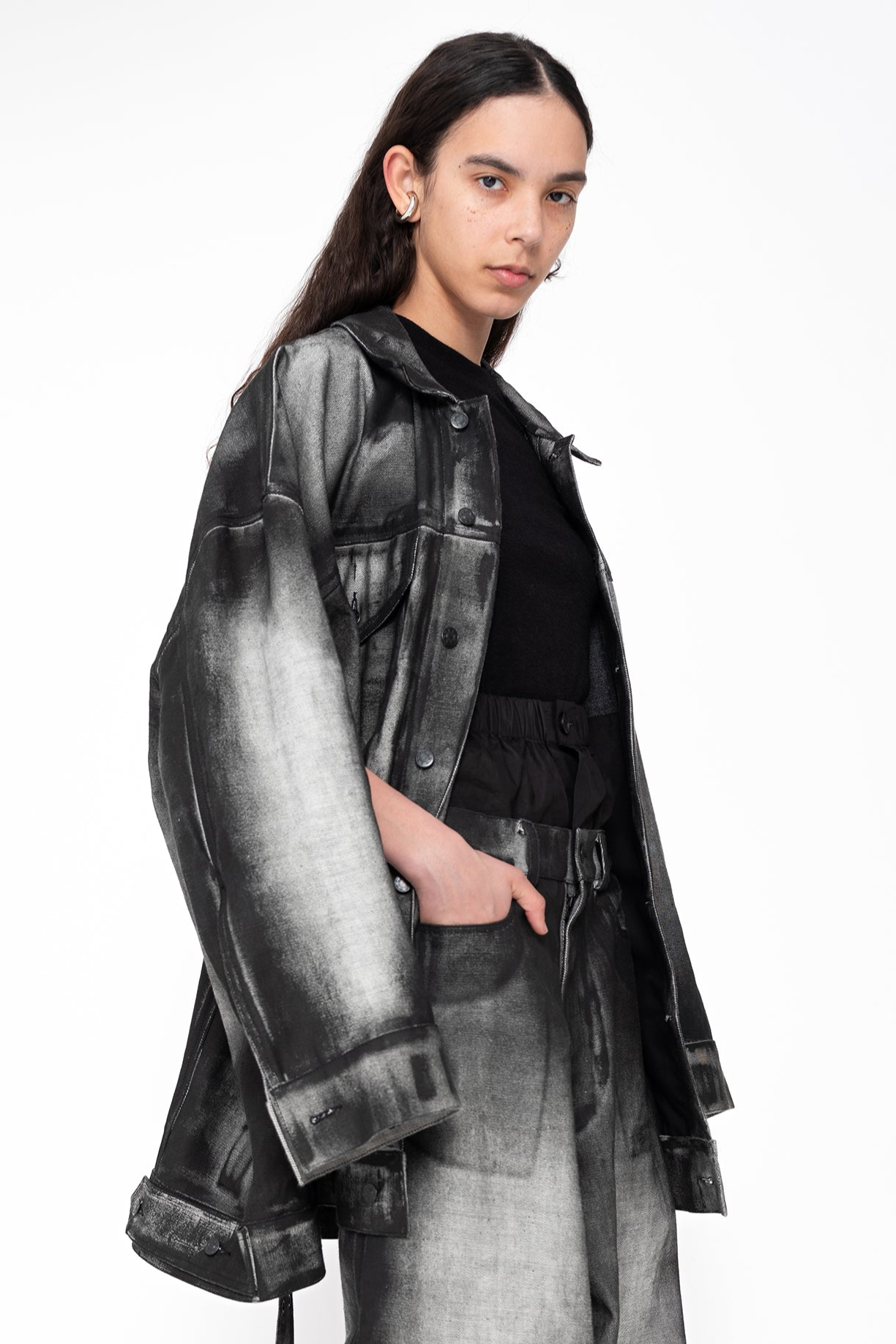 BLACK SHADOW PAINTED BELTED OVERSIZED DENIM JACKET