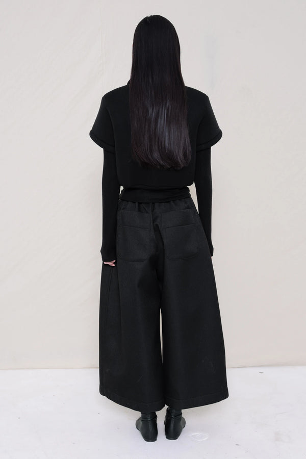 women-wearing-a-black-cropped-extremely-spongy-polo-shirt-over-a-black-turle-neck-worn-with-black-spongy-WIDE-LEG-TAILORED-WAIS-CULOTTE-PANT-paired-with-balck-pointed-leather-boots-full-body-back-view