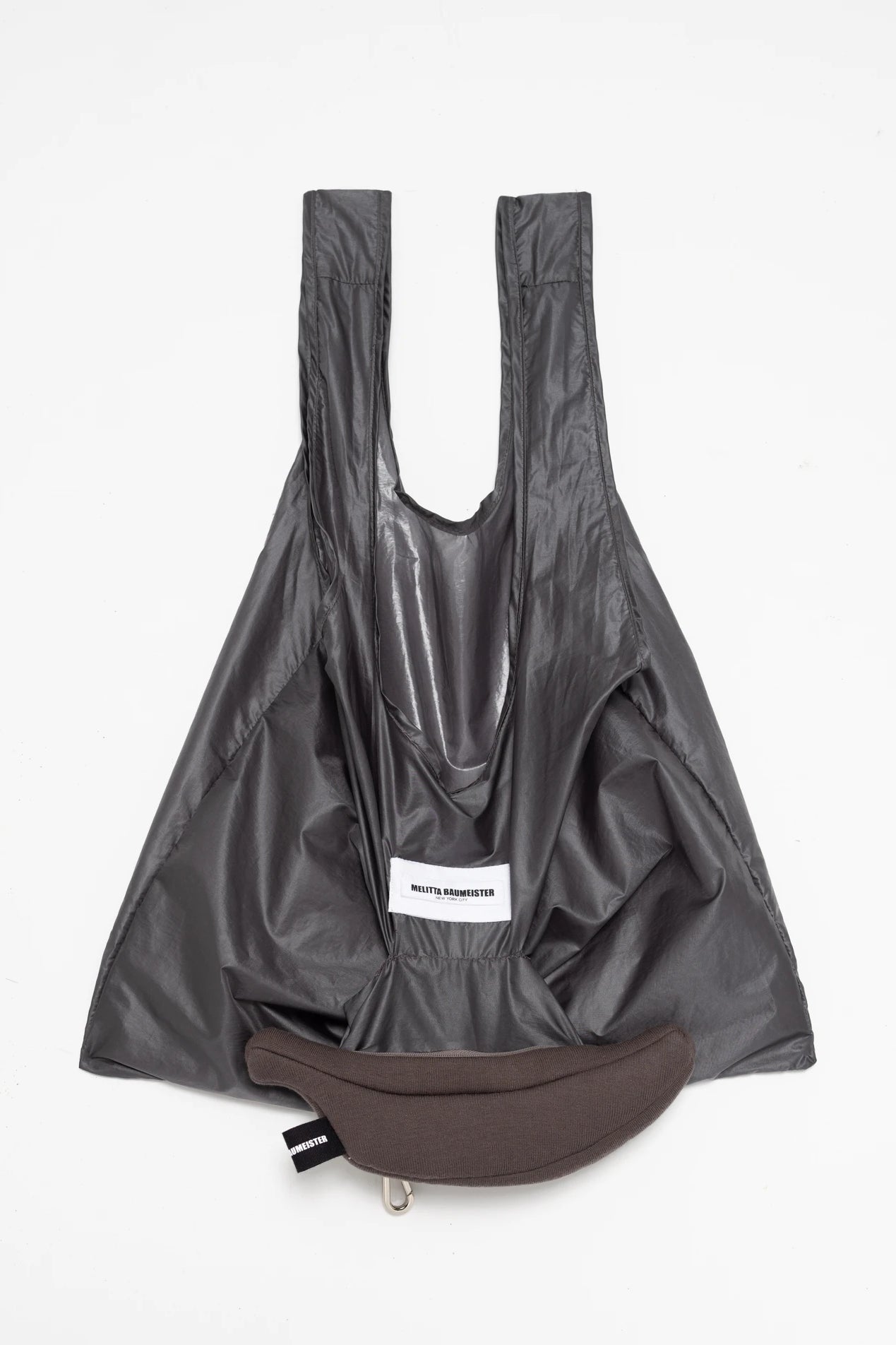 WARM-GREY-BANANA-CLUTCH-unfolded-nylon-tote-front-view