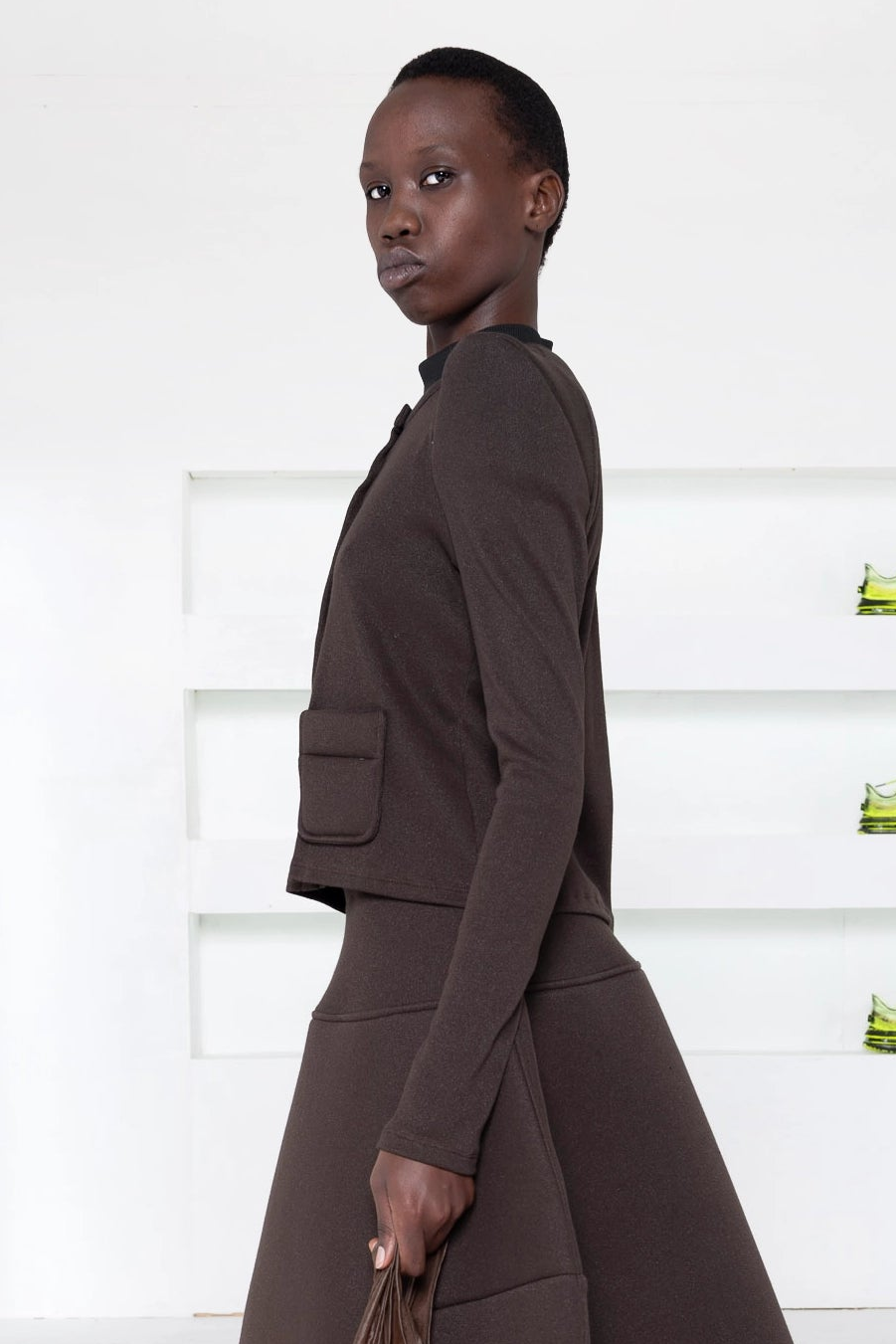 DARK BROWN FOAMY SHOULDER CARDIGAN