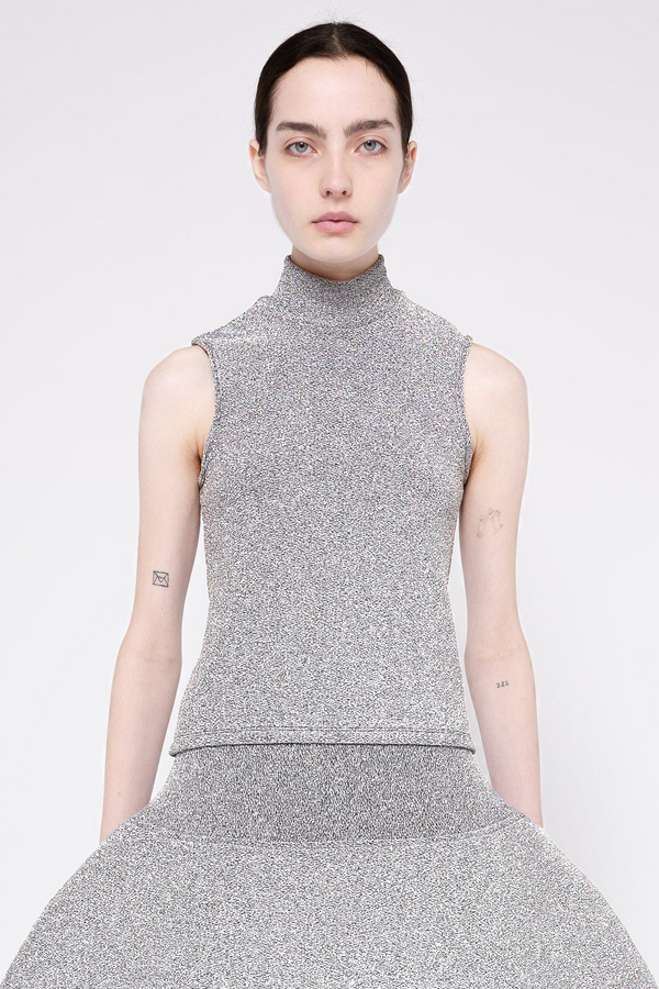 SILVER GLITTER SLEEVELESS MOCK NECK