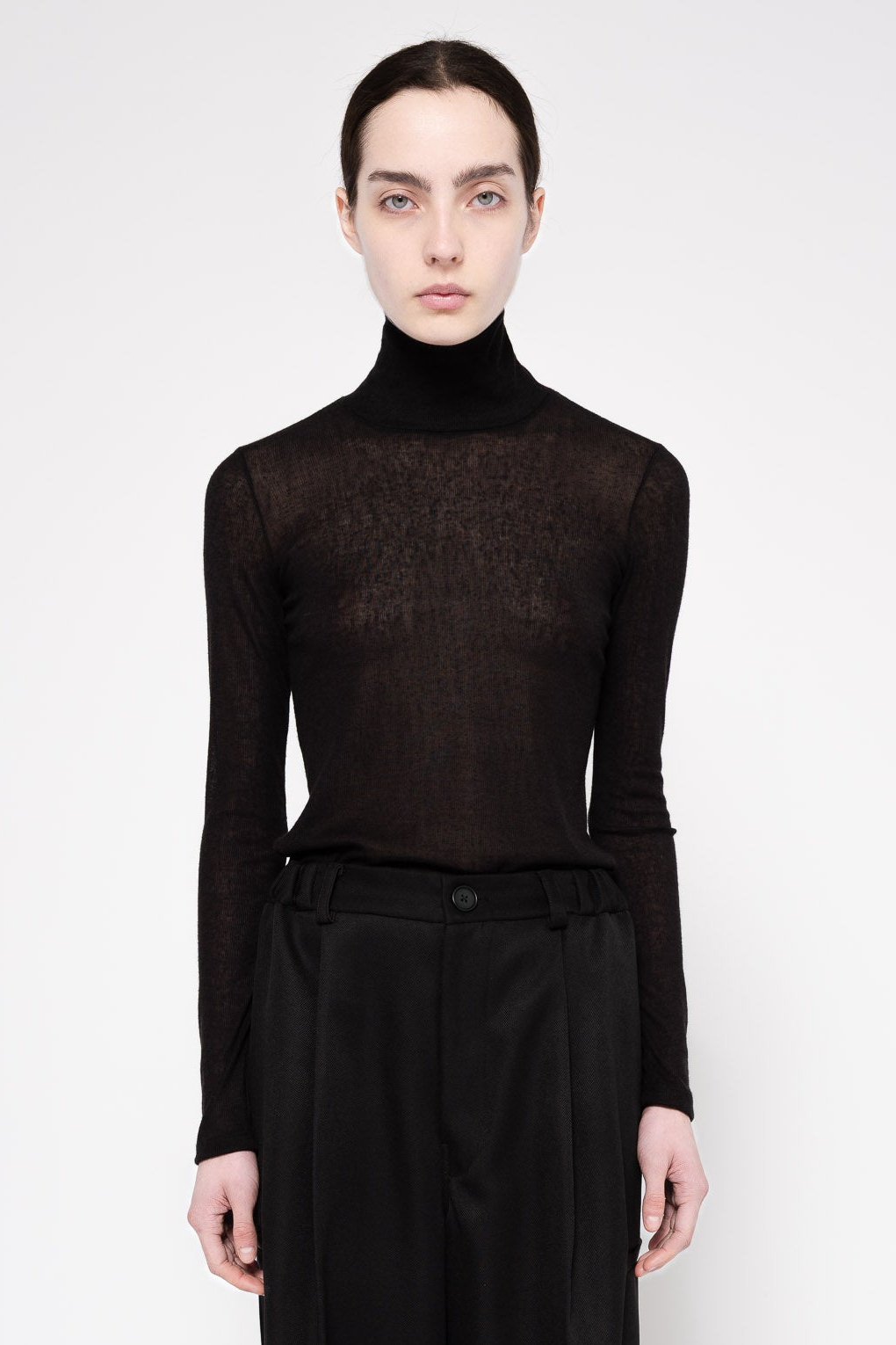 A model wearing a black sheer long-sleeve turtleneck top and black trousers, photographed against a plain light gray studio background.