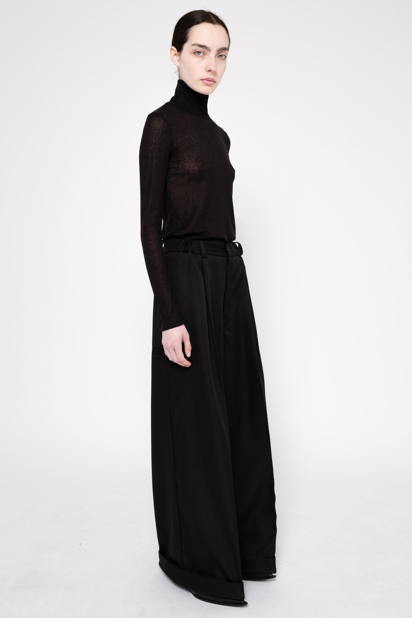 A model wearing a black sheer long-sleeve turtleneck top and wide-leg black trousers, standing against a plain white studio background.