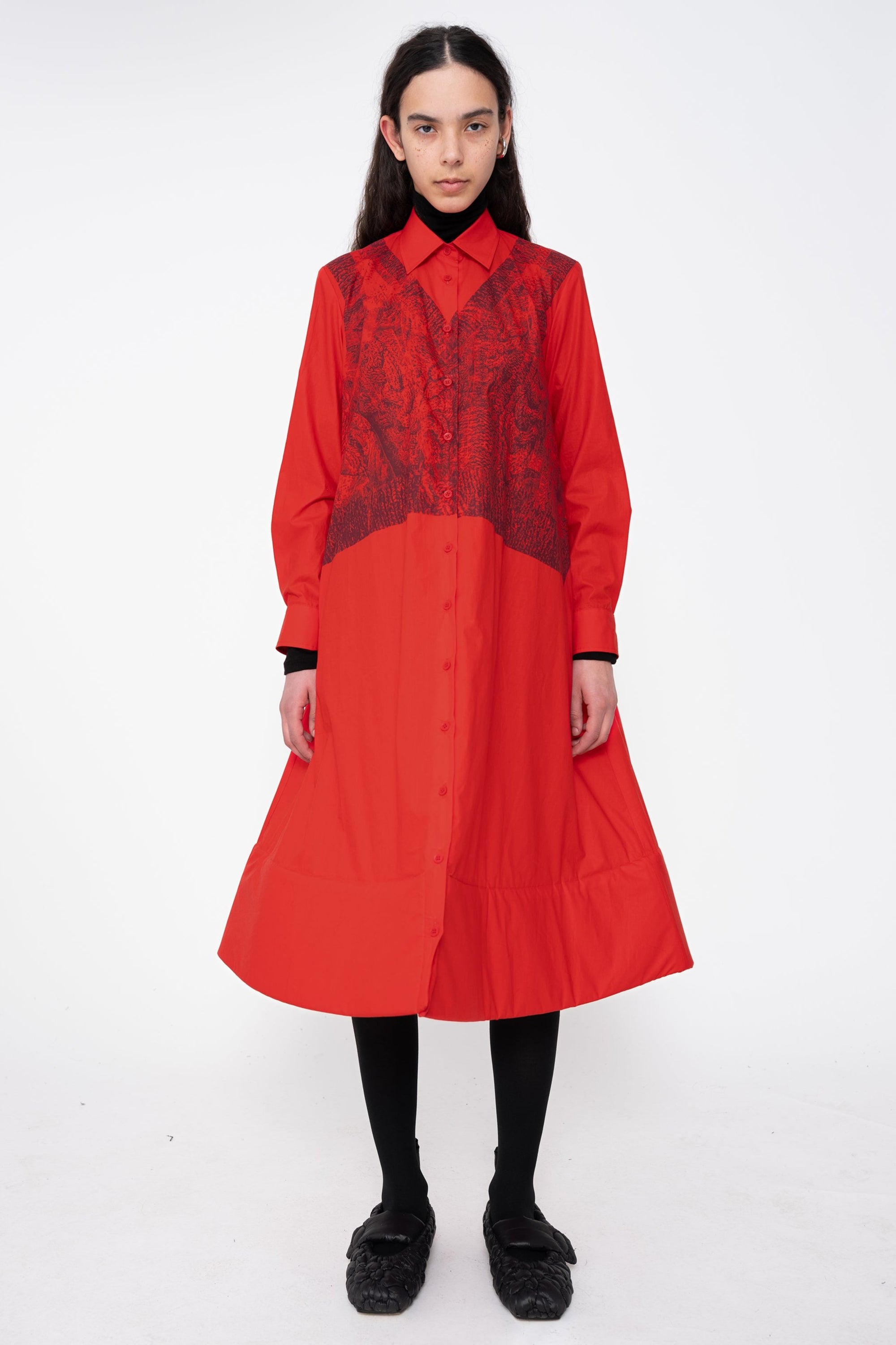 RED/KNIT VEST PRINT Foam Bottom Shirt Dress