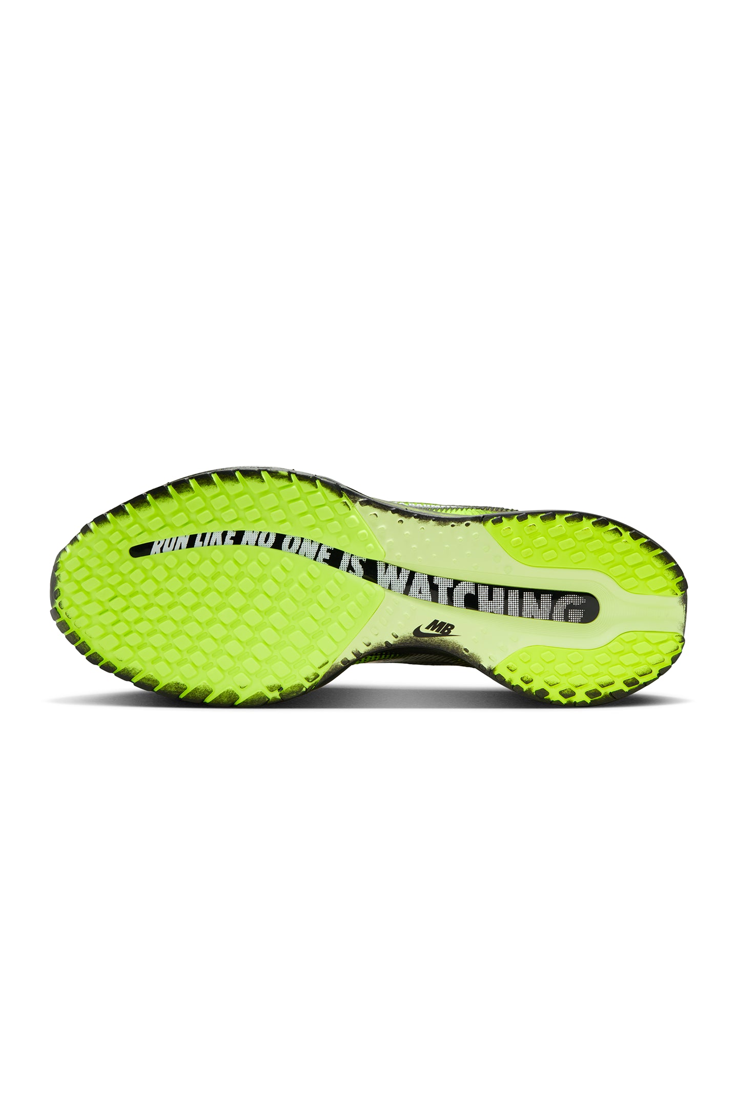 Neon green and black colored athletic shoe sole on a white background