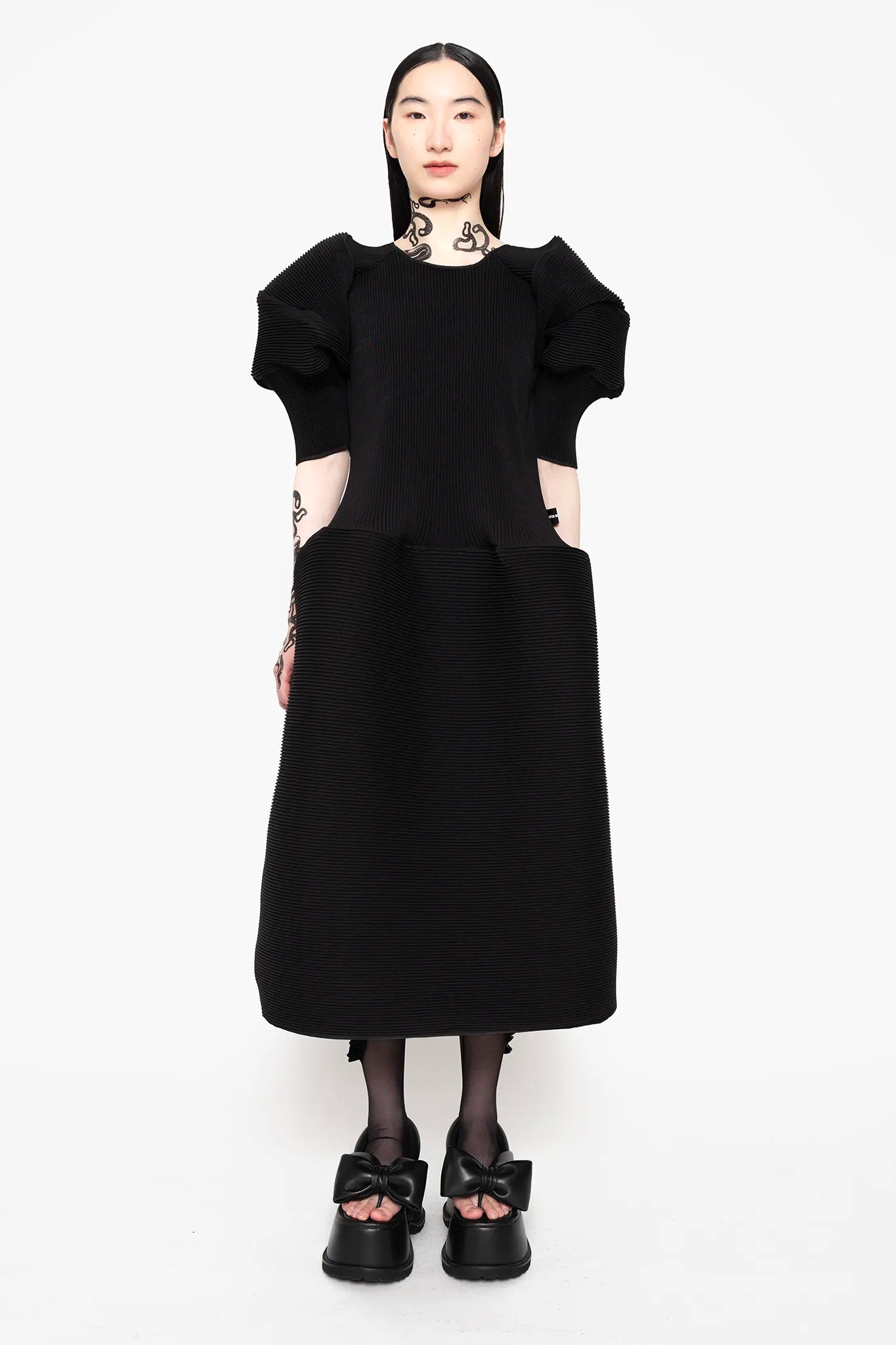 MELITTA-BAUMEISTER-Big-Sleeve-Ripple-Dress-Black-Front-View