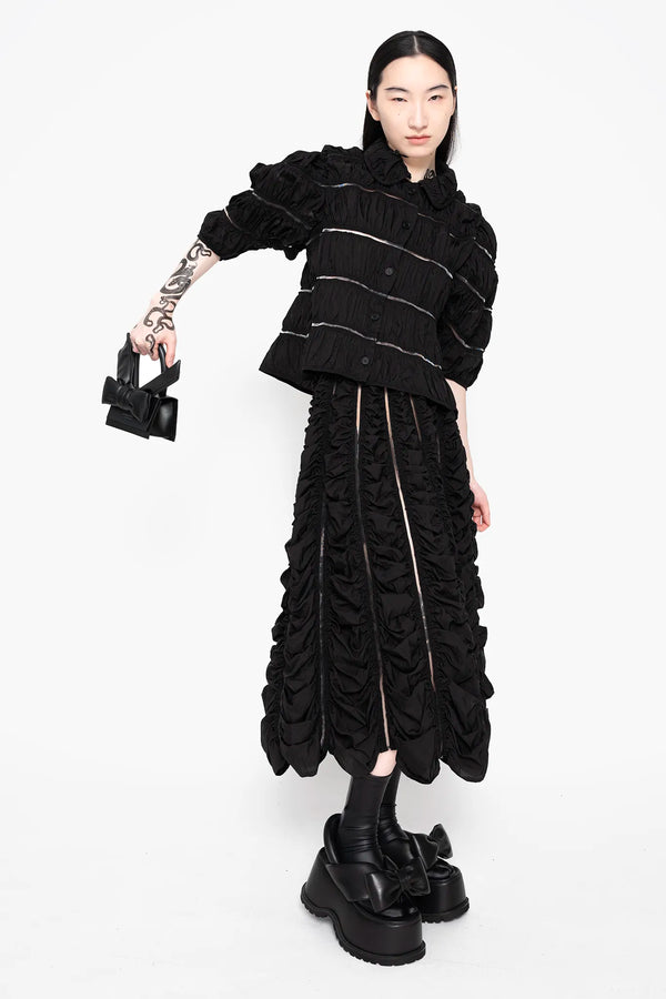 MELITTA-BAUMEISTER-Ruched-A-Line-Skirt-Black-FRONT-VIEW-RIGHT-ARM-EVEN-MORE-ELEVATED