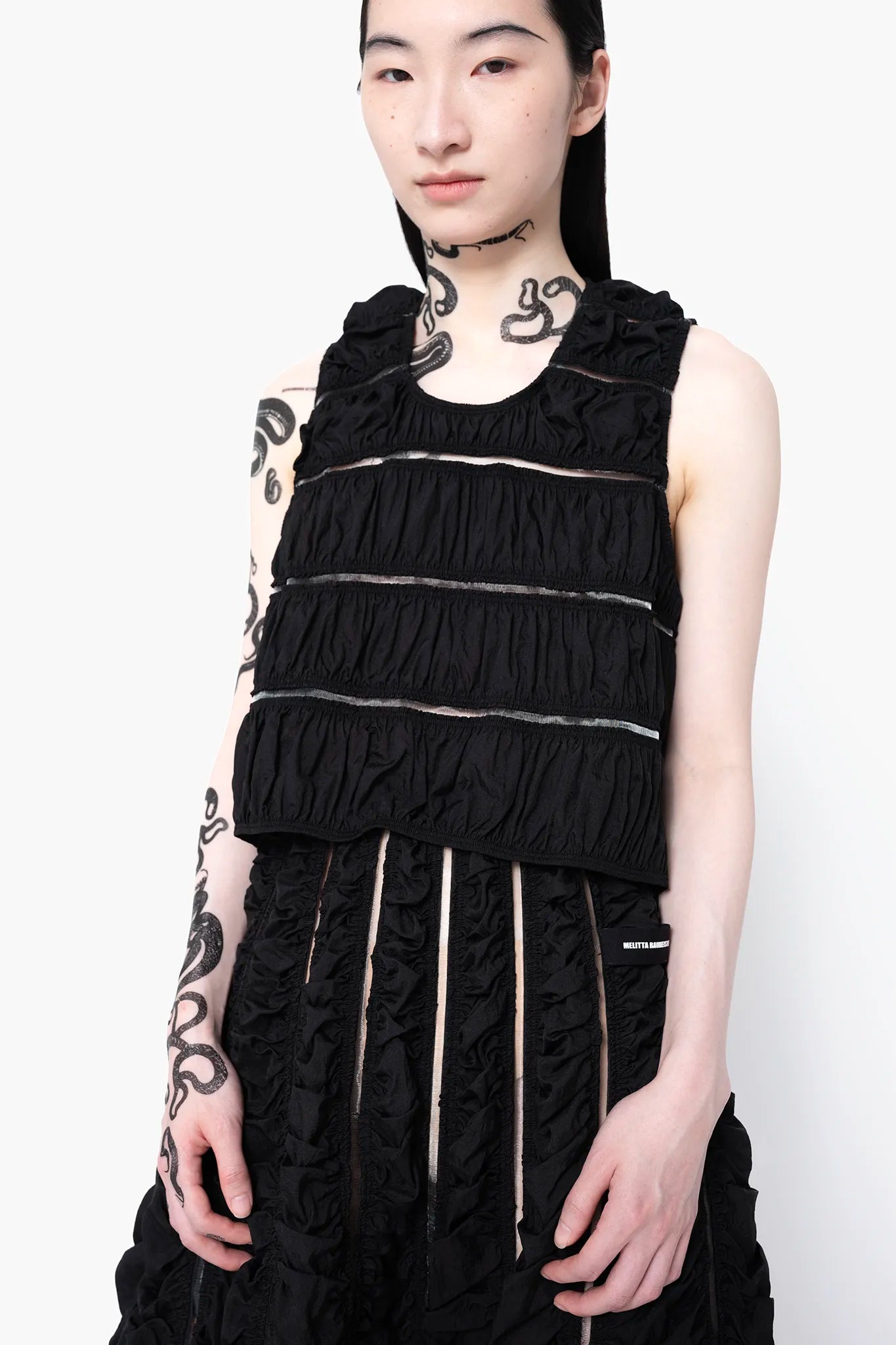 MELITTA-BAUMEISTER-Ruched-Tank-Black-SLIGHT-LEFT-SIDE-VIEW-UPPER-BODY