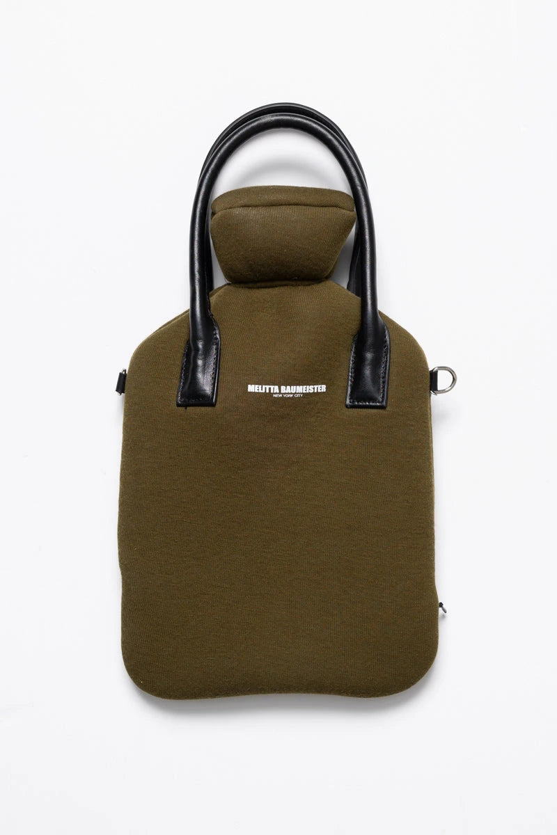 MOSS-COLORED-HOT-WATER-BOTTLE-SHAPED-BAG-WITH-LEATHER-HANDLES-FRONT-VIEW