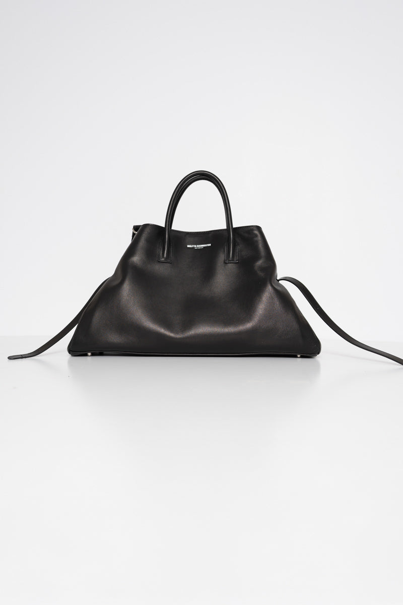 BLACK-COWHIDE-A-LINE-BAG-WITH-SHAOULDER-STRAPS-AND-CROSS-BODY-STRAPS-FRONT-VIEW