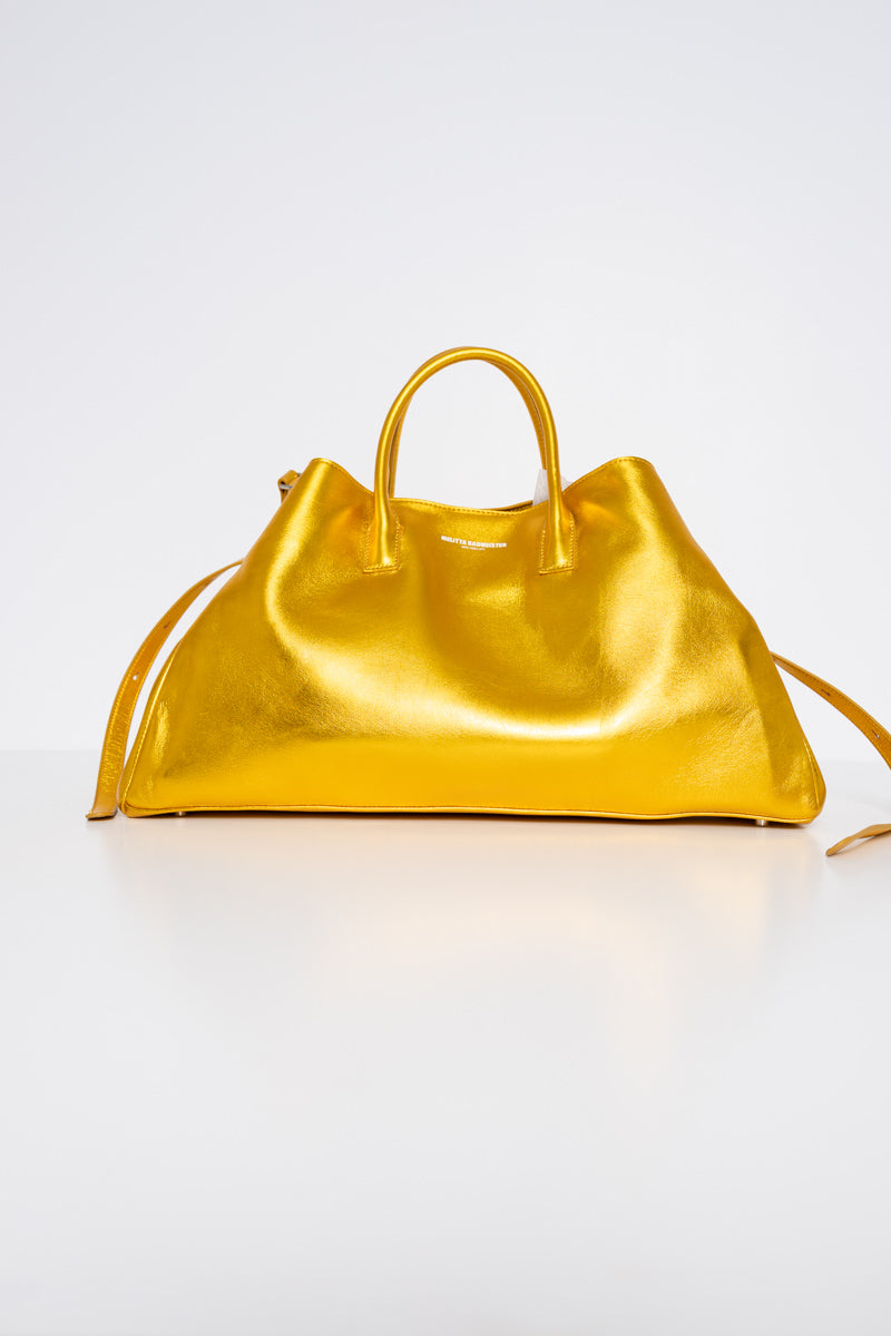 GOLD-COWHIDE-A-LINE-SHOPPER-WITH-SHOULDER-STRAPS-AND-CROSS-BODY-STRAP-FRONT-VIEW