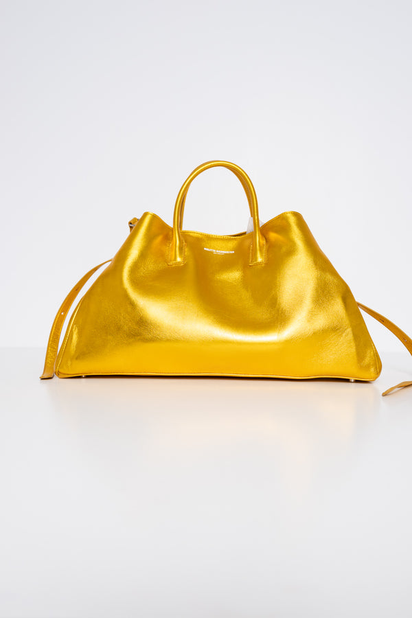 GOLD-COWHIDE-A-LINE-SHOPPER-WITH-SHOULDER-STRAPS-AND-CROSS-BODY-STRAP-FRONT-VIEW