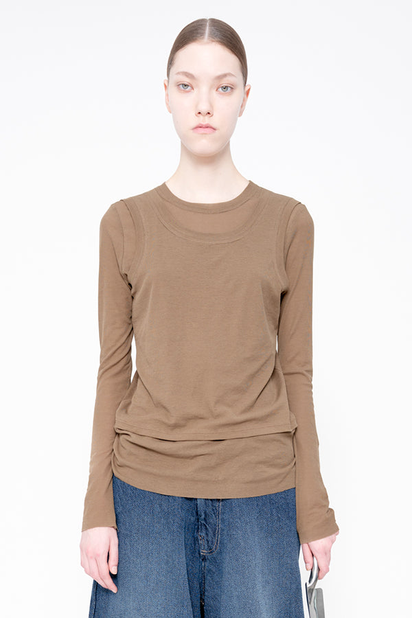 OLIVE BEIGE LONG SLEEVE DOUBLE TOP