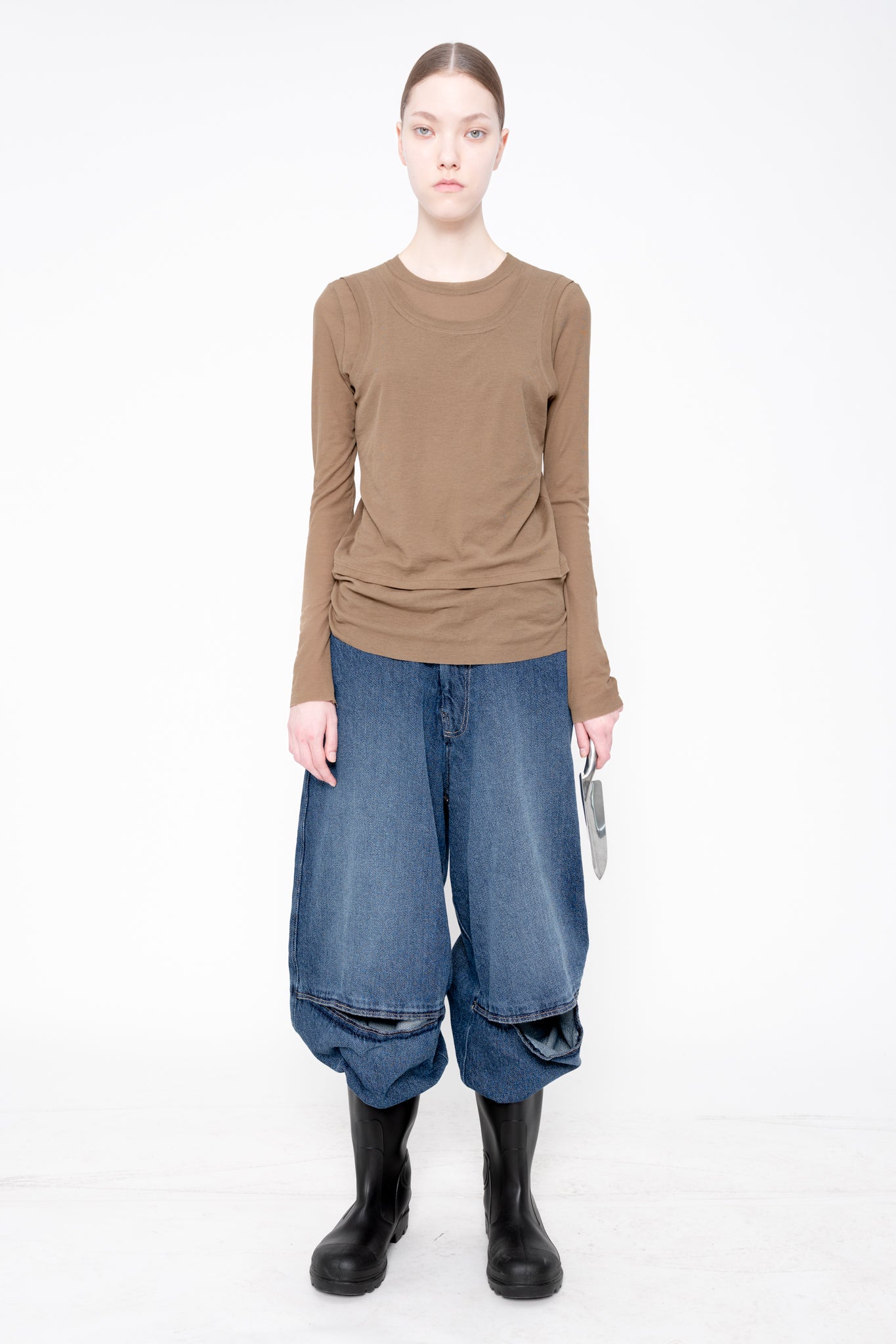 OLIVE BEIGE LONG SLEEVE DOUBLE TOP