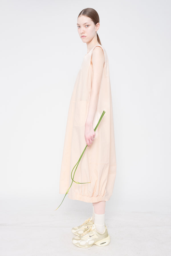 Woman wearing a light pink dress holding a green plant on a white background