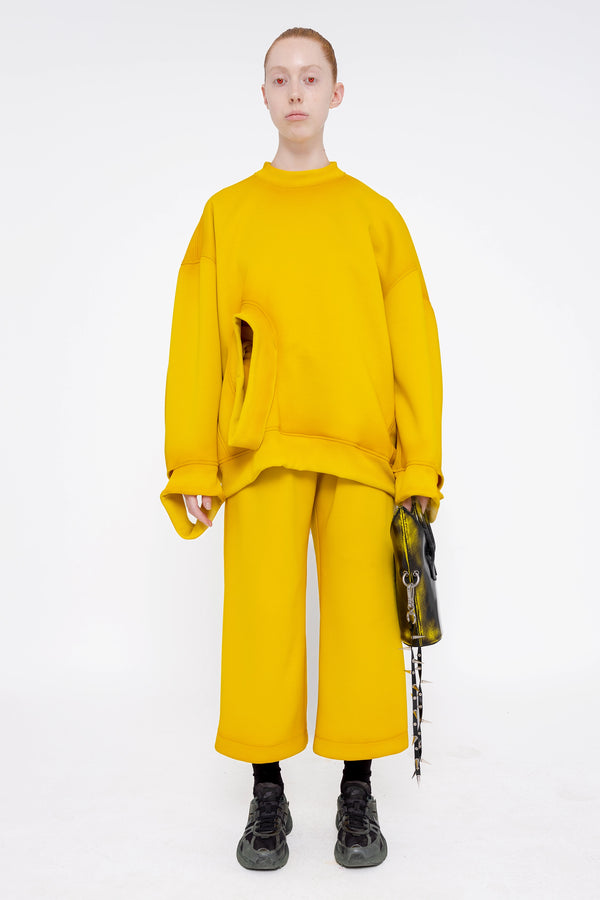 female-wearing-yellow-crewneck-sweater-and-yellow-lounge-pants-with-mustard-spray-paint-on-white-background-full-body-front