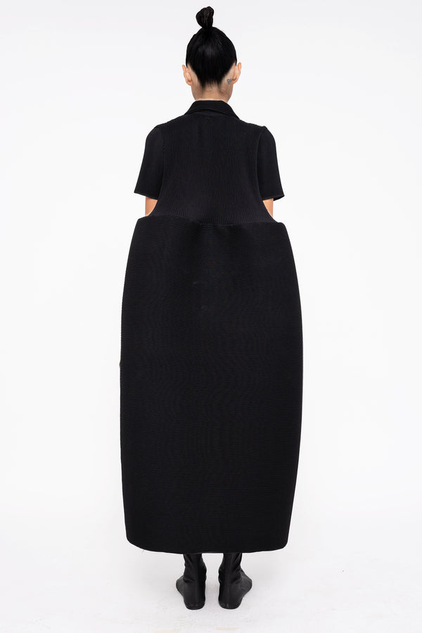 female-wearing-black-pleated-dress-with-polo-collar-and-ruffled-skirt-on-white-background-full-body-back