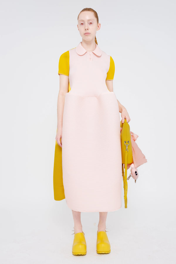 female-wearing-soft-pink-and-yellow-pleated-dress-with-polo-collar-and-ruffled-skirt-on-white-background-full-body-front