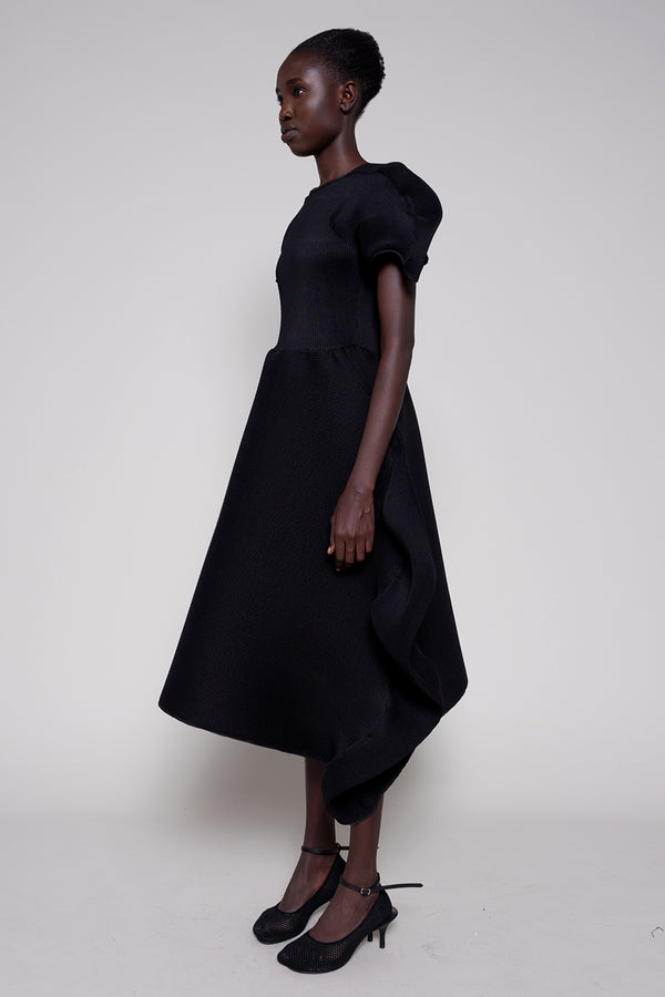 Woman wearing a black dress on a white background