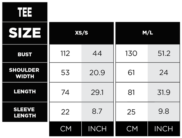 Size chart for t-shirts showing measurements in centimeters and inches.