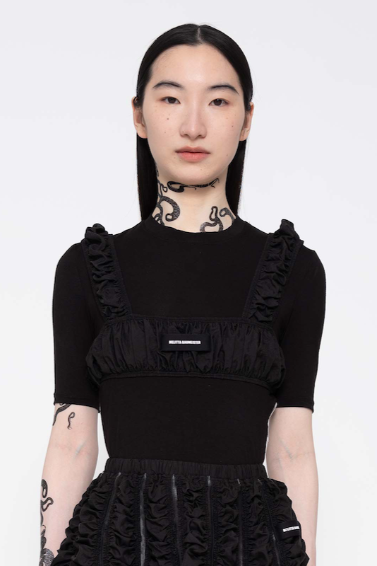 MELITTA-BAUMEISTER-RUCHED-BRA-TOP-LONG-BLACK-HAIR-FEMALE-MODEL