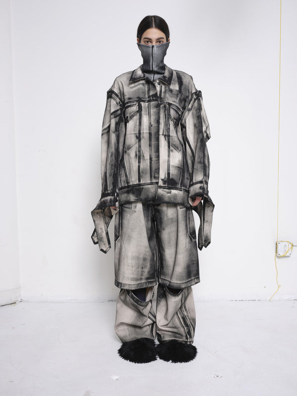 BRUNETTE-WOMAN-STRAIGHT-VIEW-FULL-BODY-WEARING-WHITE-DENIM-PAINTED-BLACK-AROUND-SEAMS-FULL-SET-OVERSIZED-DETACHABLE-ARMS-AND-LEGS